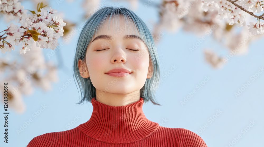 Blue hair woman in red ribbed necks closed eyes enjoy fresh air in park with cherry blossom