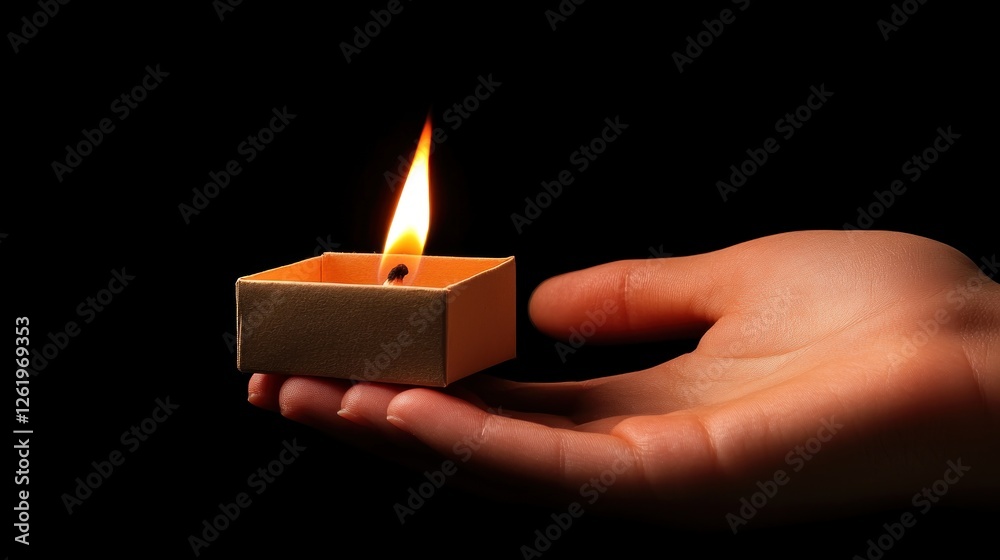 A hand holding a lit matchbox against a dark background. A hand holding a lit matchbox against a dark background.