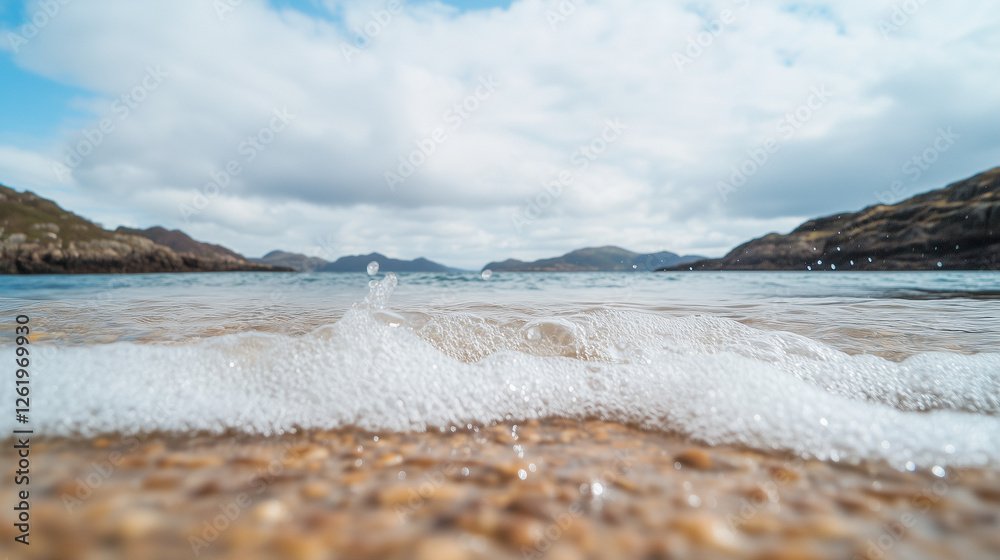 Seascape Serenity: A gentle wave crashes onto a sandy beach, its foamy crest shimmering in the sunlight. The horizon is painted with the hues of a vibrant sky, adorned with fluffy clouds.