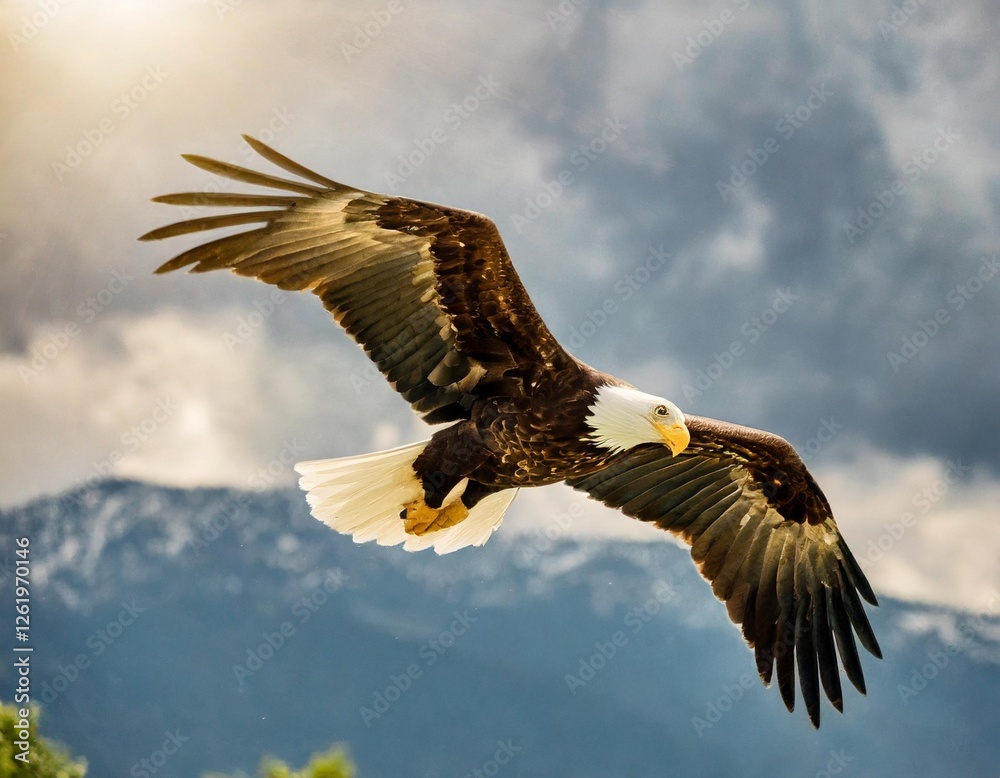 Fototapeta premium Observing a Majestic Eagle Soaring Gracefully Against a Dramatic Cloudy Sky with Sunlight Breaking Through the Clouds