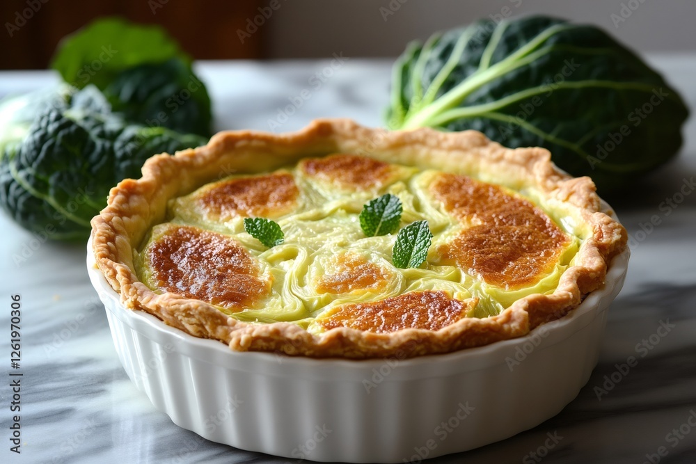 Savoy cabbage tart garnished with mint leaves resting on marble table Savoy cabbage tart garnished with mint leaves resting on marble table