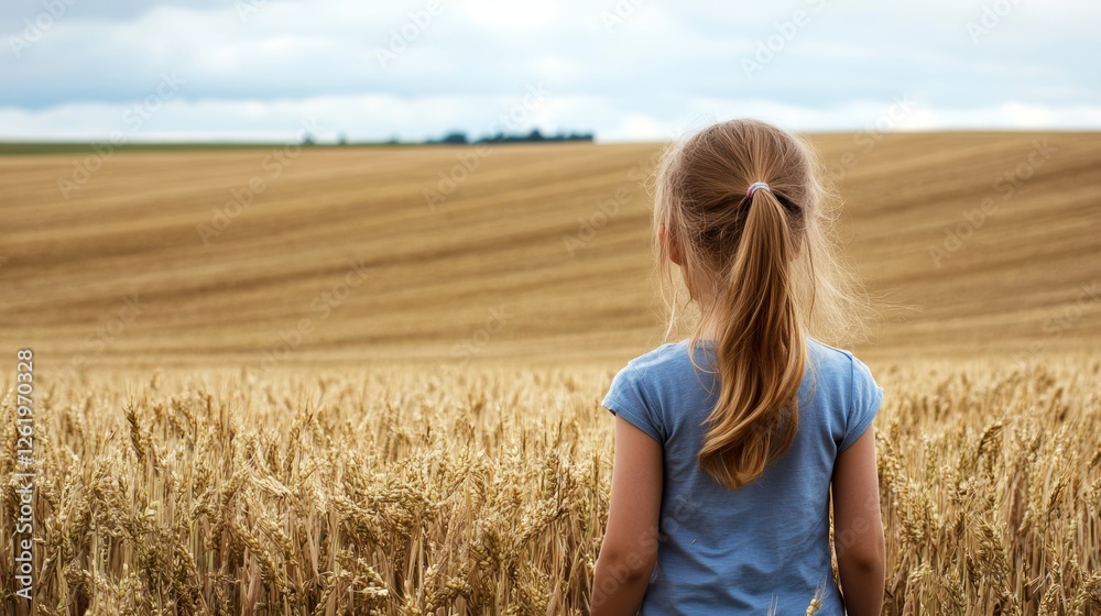 Child in Golden Wheat Field Under a Cloudy Sky Child in Golden Wheat Field Under a Cloudy Sky