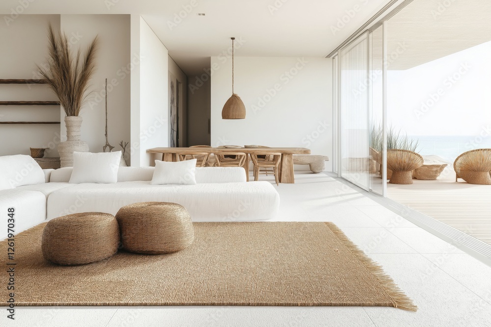 Fototapeta premium minimalist luxury interior with soft white couch, wooden chairs and sea view