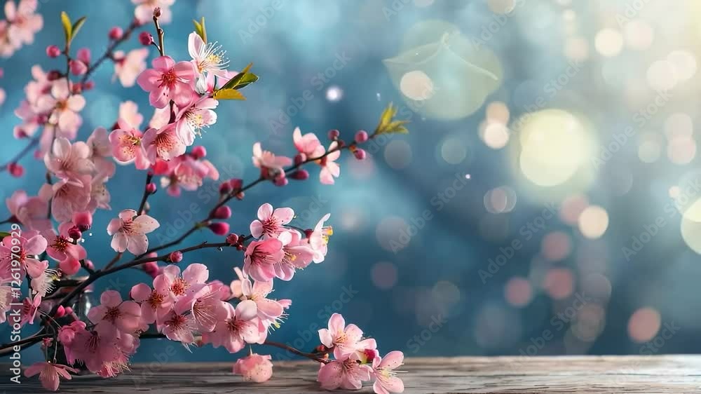 A serene background featuring delicate sakura branches in bloom above a rustic wooden table, creating a peaceful and natural spring atmosphere.
