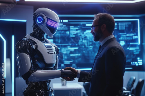 AI humanoid robot shaking hands with a business executive in a sleek, modern high-tech office. The background features holographic data screens displaying AI-driven analytics