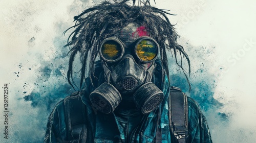 Apocalyptic survivor with gas mask and goggles amidst dust storm
