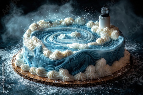 Wave-themed cake with whipped frosting and decorative lighthouse in misty atmosphere