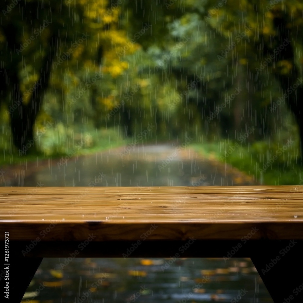 Obraz premium Wet Wooden Bench in a Rainy Autumn Park