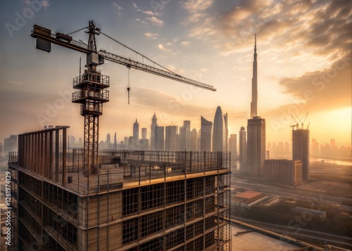 Construction site in a modern city skyline at sunrise