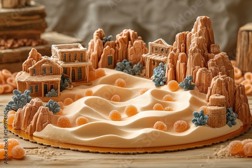 Creative desert-themed cake art with edible landscapes and unique textures photo