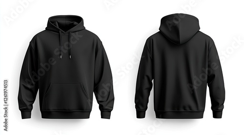 Black hoodie mockup, front and back views, white background, apparel design