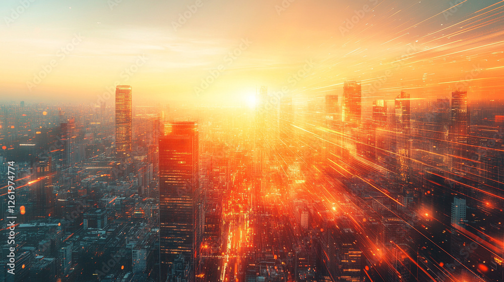 Fototapeta premium A futuristic mega city filled with advanced technology, towering skyscrapers, and cyberpunk aesthetics. A modern metropolis with a bright tone, blurred background, and space for captions.