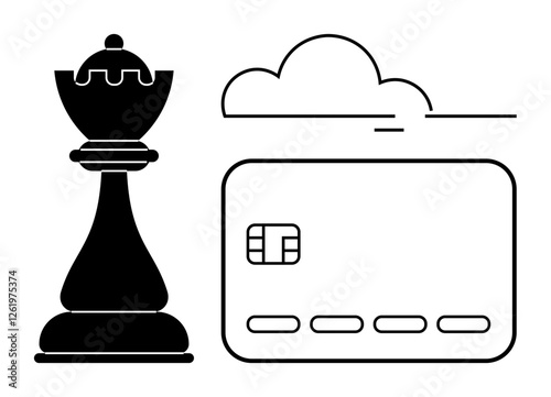 Chess piece next to credit card and cloud. Ideal for online payments, cloud computing, fintech, strategic planning, digital strategy, cybersecurity, financial services. Line metaphor