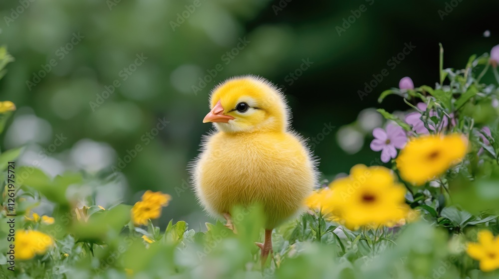 Fluffy chick among spring flowers, garden background Fluffy chick among spring flowers, garden background