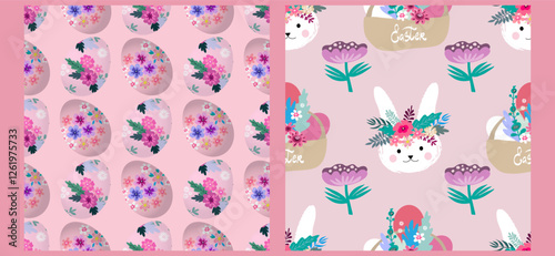 Happy Easter  template  seamless patterns set  with  rabbit, easter egg , spring flowe photo