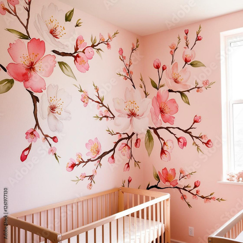 beautiful vibrant A nursery with watercolor cherry blossom murals