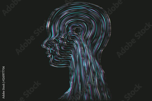 mental health psychology concept, mystery messy psychedelic maze art, head brain wave, emotion mix depression, anxiety, sad, 