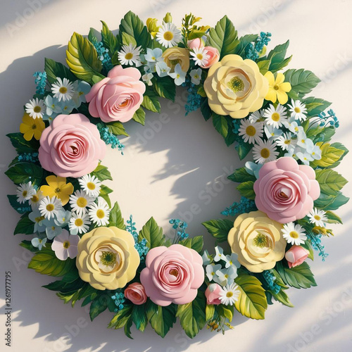 beautiful vibrant A retro floral wreath with pastel pink and yellow tones