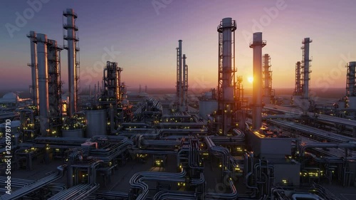 Sunset over Industrial Refinery Complex