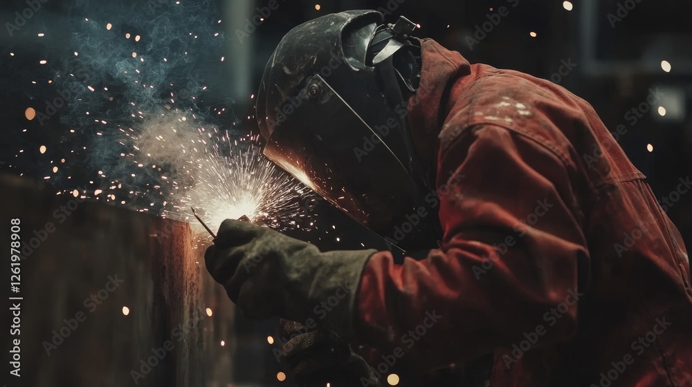 A welder in protective gear is busy working with a welding torch on a piece of metal, creating sparks and fusing the materials together A welder in protective gear is busy working with a welding torch on a piece of metal, creating sparks and fusing the materials together