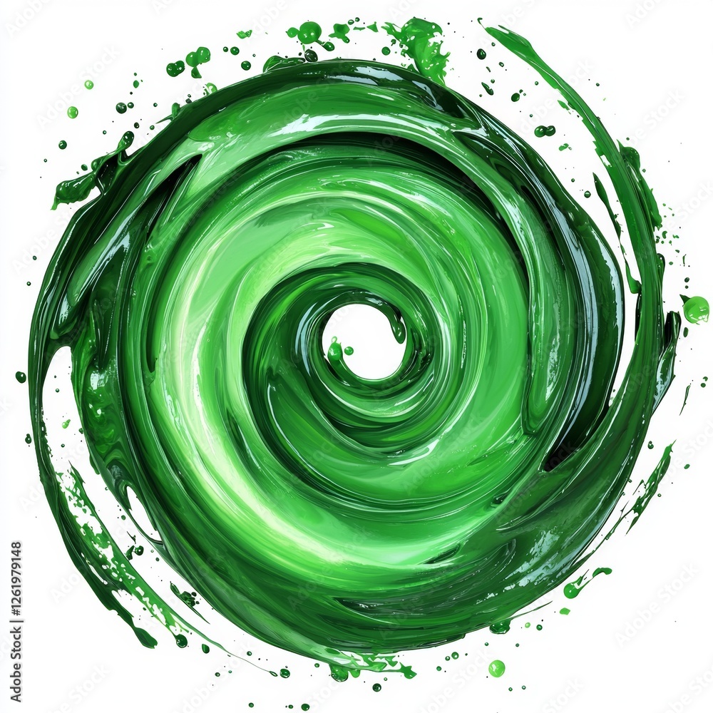 Fototapeta premium Abstract Green Swirl Design with Paint Splatters and Texture in Circular Motion for Artistic Background Use