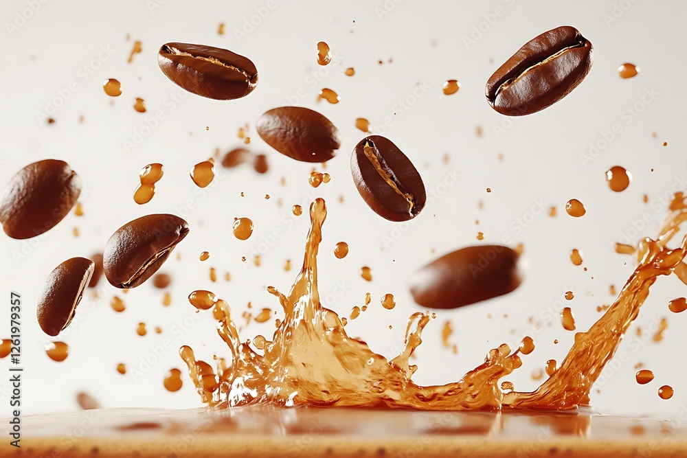 Fototapeta premium A dramatic shot of coffee beans falling into coffee, creating an explosive splash, captured in ultra HD with perfect clarity and a white backdrop.