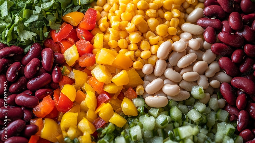 A colorful arrangement of various chopped vegetables and beans, ideal for salads or dishes. A colorful arrangement of various chopped vegetables and beans, ideal for salads or dishes.