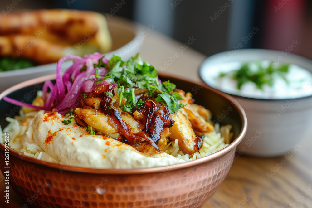 A plated traditional biryani dish with fragrant basmati rice, slow-cooked spiced chicken, caramelized onions, and saffron strands. Served in a copper bowl A plated traditional biryani dish with fragrant basmati rice, slow-cooked spiced chicken, caramelized onions, and saffron strands. Served in a copper bowl