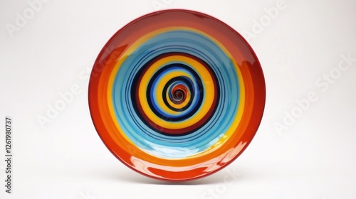 Colorful spiral design plate, studio shot, ceramic dish, vibrant colors, table setting photo