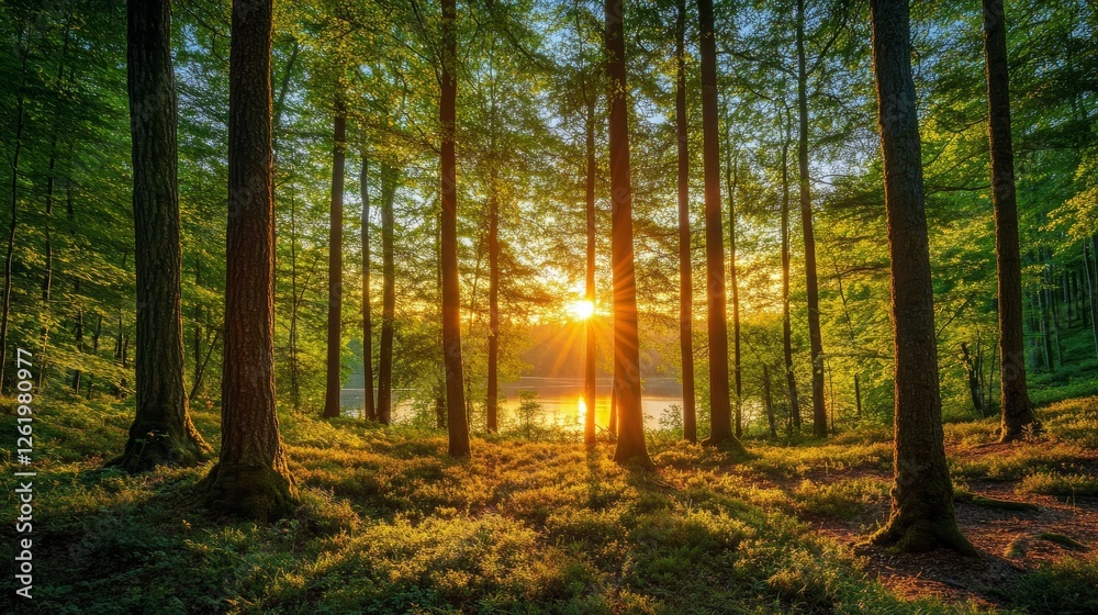 Obraz premium Vibrant Forest Sunrise Reflection Over Tranquil Lake