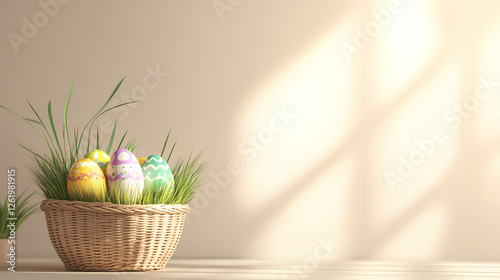 Easter Basket with Colorful Eggs on Grass with Sunlight Shadows