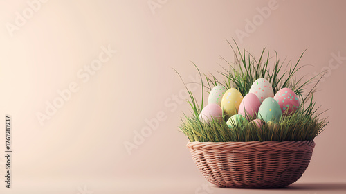 Basket of Colorful Easter Eggs on Soft Pink Background