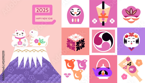 Happy Chinese, Japanese  New Year 2025,  Zodiac sign, lucky charms,  year of the Snake Japanese translation: "Happy New Year, Snake"  Vector flat illustration