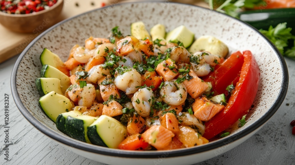 Zucchini Bell Peppers Salmon and Calamari Medley with Fresh Herbs Zucchini Bell Peppers Salmon and Calamari Medley with Fresh Herbs
