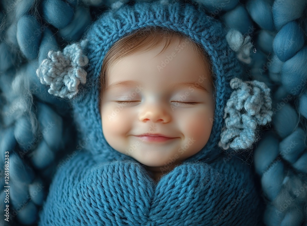 Newborn baby smiling softly while wrapped in blue blanket on white surface Newborn baby smiling softly while wrapped in blue blanket on white surface