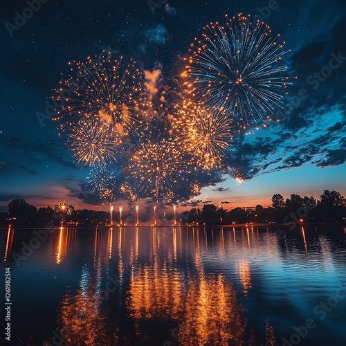 Spectacular Fireworks Display Over a Serene Lake at Night photo