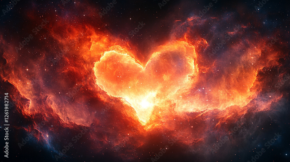 A heart-shaped nebula in deep space, surrounded by stars and cosmic dust, with no sunlight visible. The vivid celestial scene captures chaos and cosmic beauty, offering space for text A heart-shaped nebula in deep space, surrounded by stars and cosmic dust, with no sunlight visible. The vivid celestial scene captures chaos and cosmic beauty, offering space for text