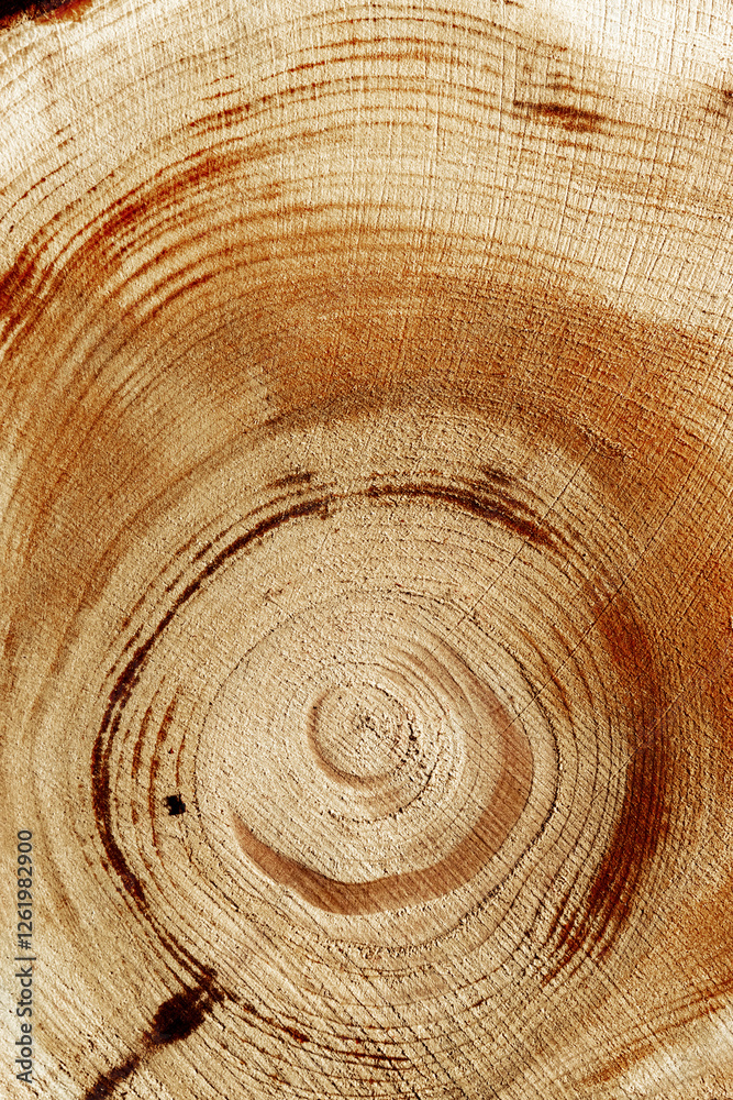 Naklejka premium Wooden annual rings texture natural vertical background, round shape of wood timber as nature pattern. Cross-section of juniper. Wooden aesthetic texture, environmental design, macro natural surface