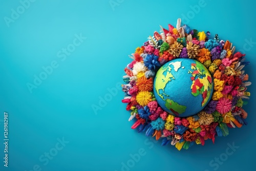 Celebration of global cultural diversity with colorful world and flowers design. Horizontal banner. Copy space. World Population Day. Earth Day photo