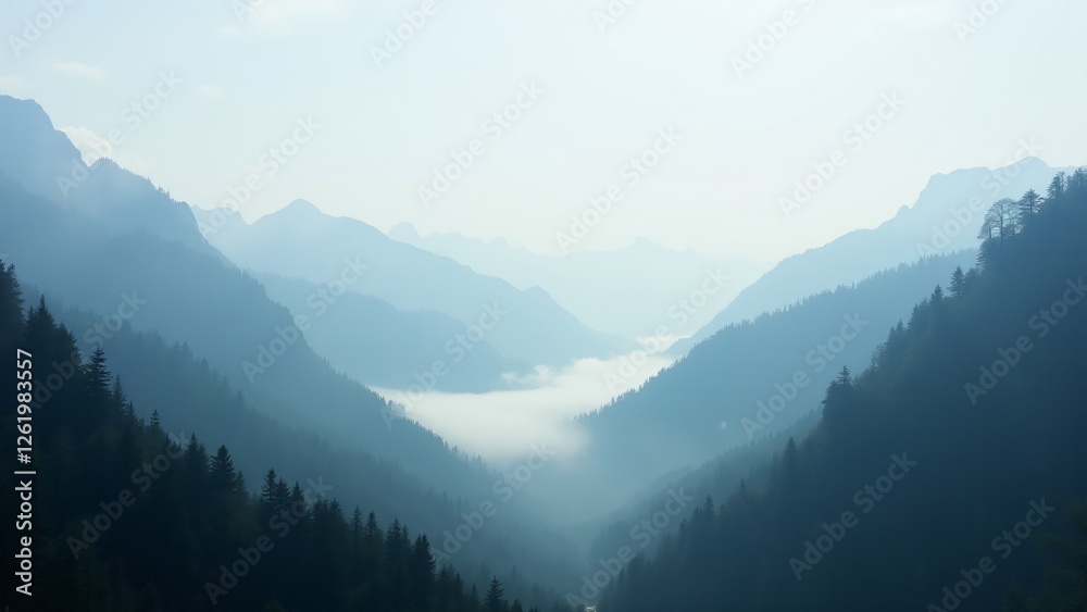 Fototapeta premium A majestic mountainous valley with fog drifting between the hills, creating a serene and tranquil landscape.