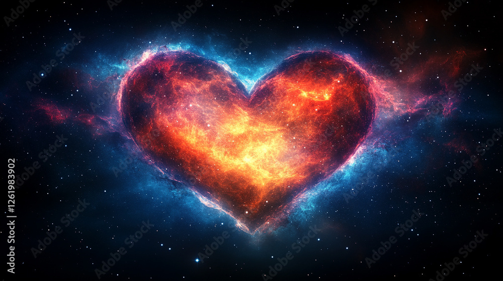 A heart-shaped nebula in deep space, surrounded by stars and cosmic dust, with no sunlight visible. The vivid celestial scene captures chaos and cosmic beauty, offering space for text A heart-shaped nebula in deep space, surrounded by stars and cosmic dust, with no sunlight visible. The vivid celestial scene captures chaos and cosmic beauty, offering space for text