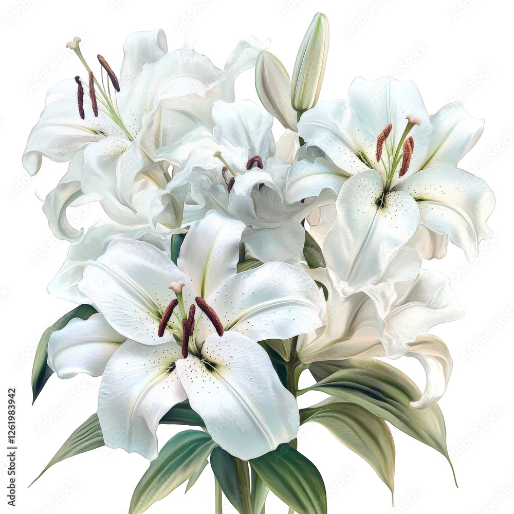 A finely crafted digital illustration of an artistic bouquet of white lilies with subtle gradients and defined edges, transparent background, PNG A finely crafted digital illustration of an artistic bouquet of white lilies with subtle gradients and defined edges, transparent background, PNG