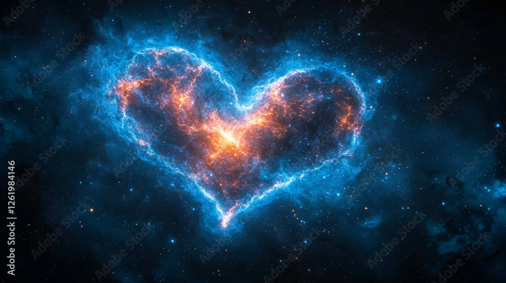 A heart-shaped nebula in deep space, surrounded by stars and cosmic dust, with no sunlight visible. The vivid celestial scene captures chaos and cosmic beauty, offering space for text