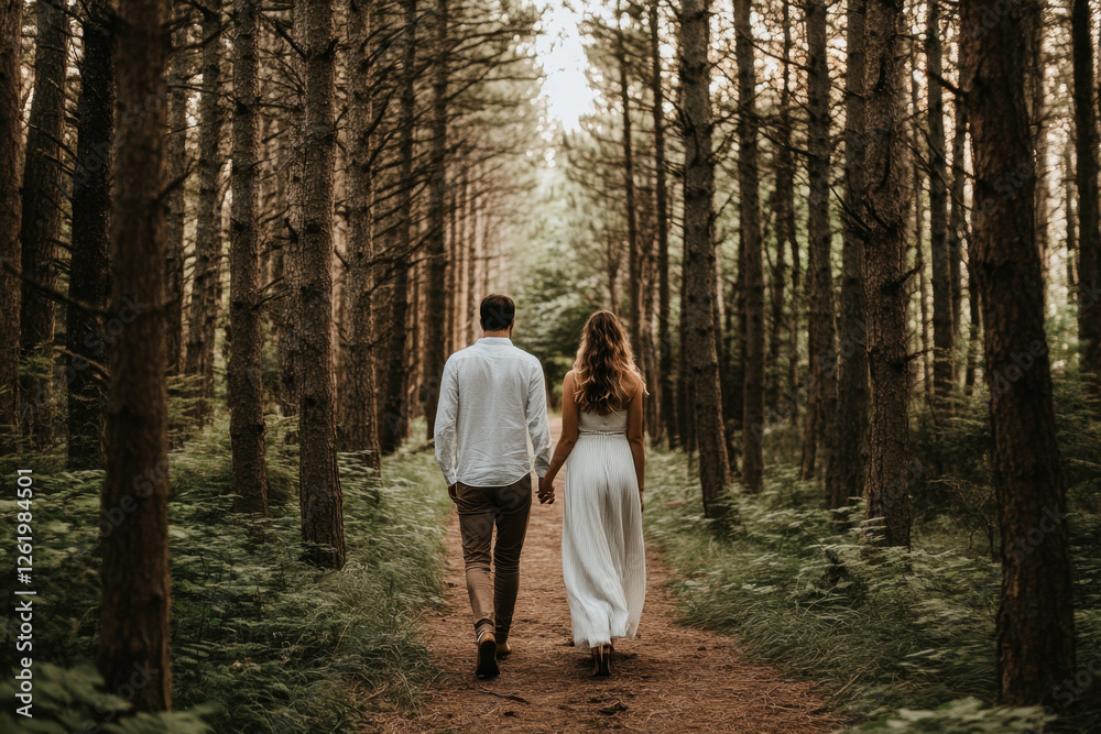 A couple walks hand in hand through a serene forest path, surrounded by tall trees and lush greenery, creating a peaceful and intimate atmosphere. A couple walks hand in hand through a serene forest path, surrounded by tall trees and lush greenery, creating a peaceful and intimate atmosphere.