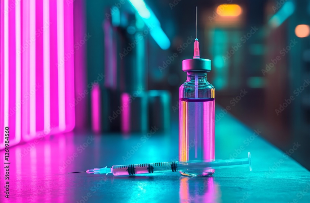 A close-up of a syringe and vial bathed in vibrant neon lights, symbolizing modern medical technology A close-up of a syringe and vial bathed in vibrant neon lights, symbolizing modern medical technology