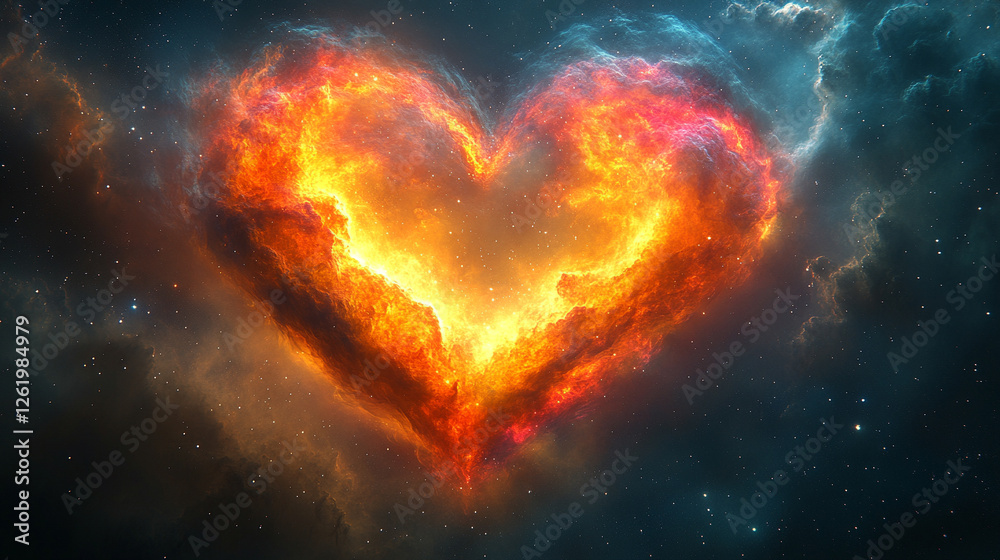 A heart-shaped nebula in deep space, surrounded by stars and cosmic dust, with no sunlight visible. The vivid celestial scene captures chaos and cosmic beauty, offering space for text A heart-shaped nebula in deep space, surrounded by stars and cosmic dust, with no sunlight visible. The vivid celestial scene captures chaos and cosmic beauty, offering space for text