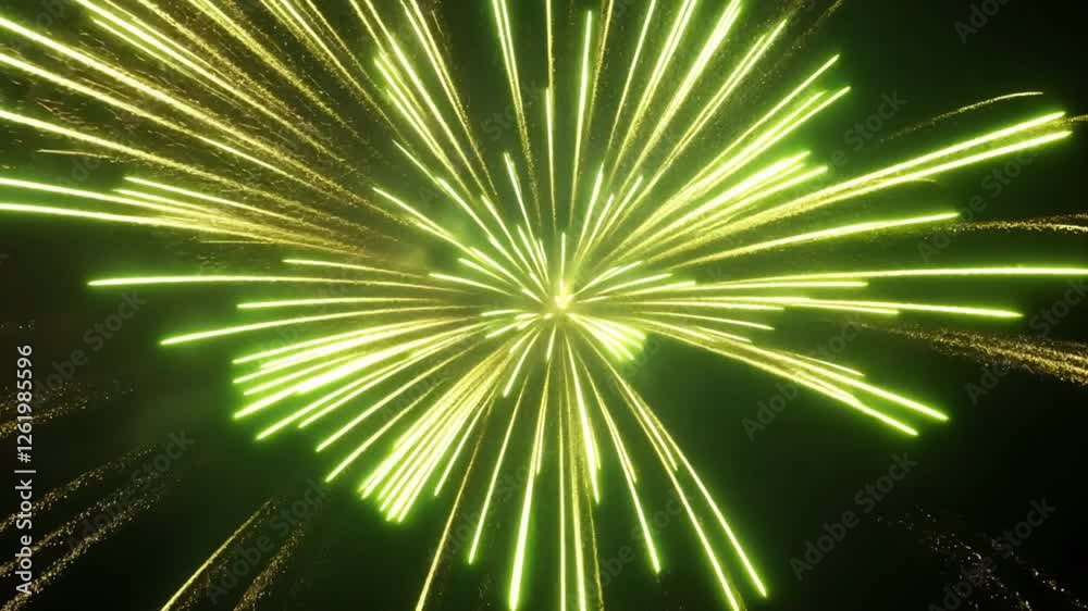 Lime Green Fireworks Burst: A vibrant explosion of lime green and gold fireworks streaks across the night sky, creating a dazzling display of light and energy.