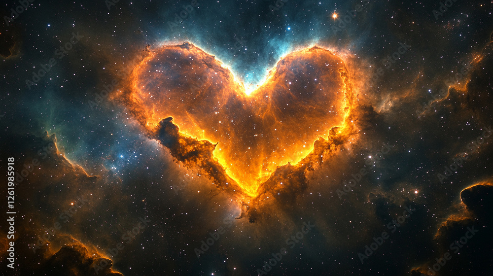 A heart-shaped nebula in deep space, surrounded by stars and cosmic dust, with no sunlight visible. The vivid celestial scene captures chaos and cosmic beauty, offering space for text A heart-shaped nebula in deep space, surrounded by stars and cosmic dust, with no sunlight visible. The vivid celestial scene captures chaos and cosmic beauty, offering space for text