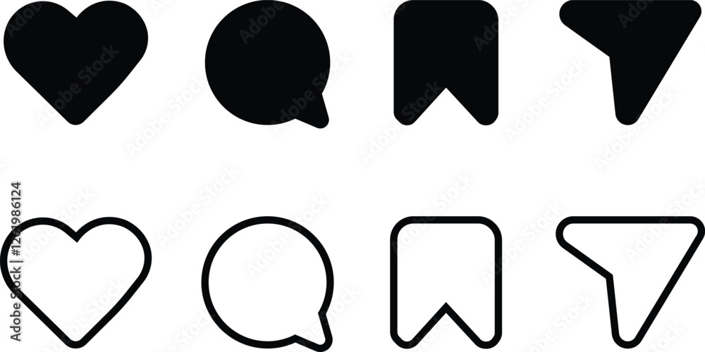  Icons like comment, share, save, like media button. Outline icon heart arrow direct message interface message minimalist 10 Eps