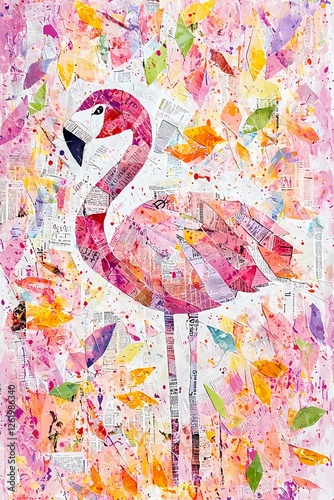 Vibrant Pink Flamingo Collage Art Newspaper Texture Tropical Leaves Abstract Painting